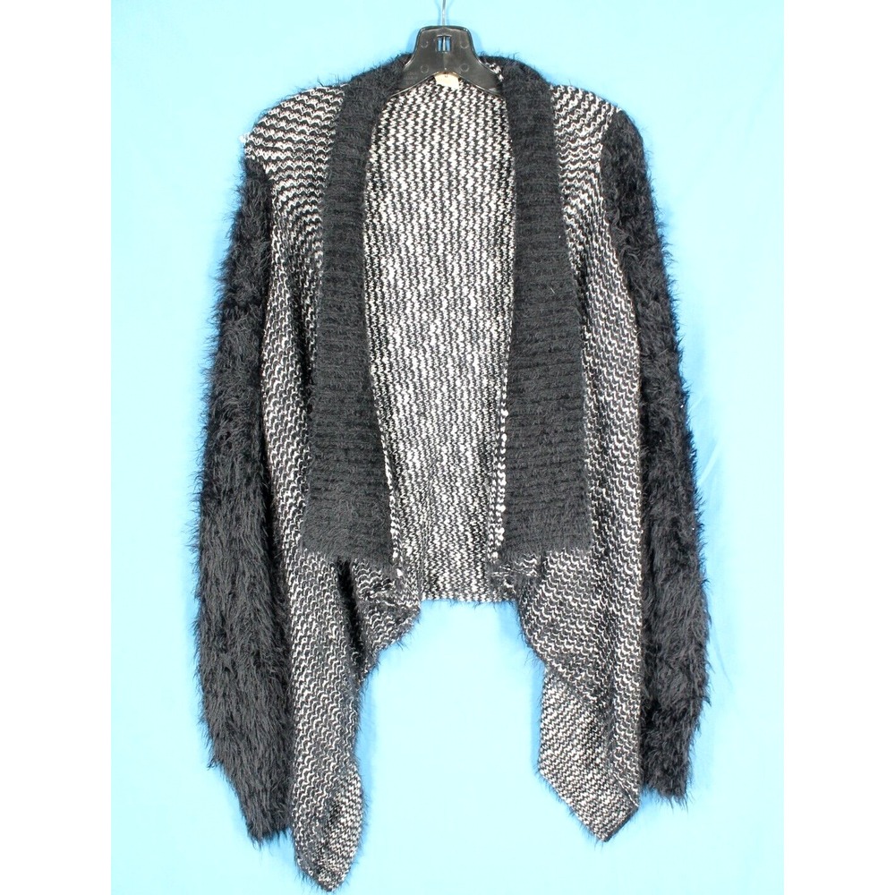ESCIO Black/White FUZZY EYELASH Open Front DRAPPED Knit Sweater CARDIGAN Sz M